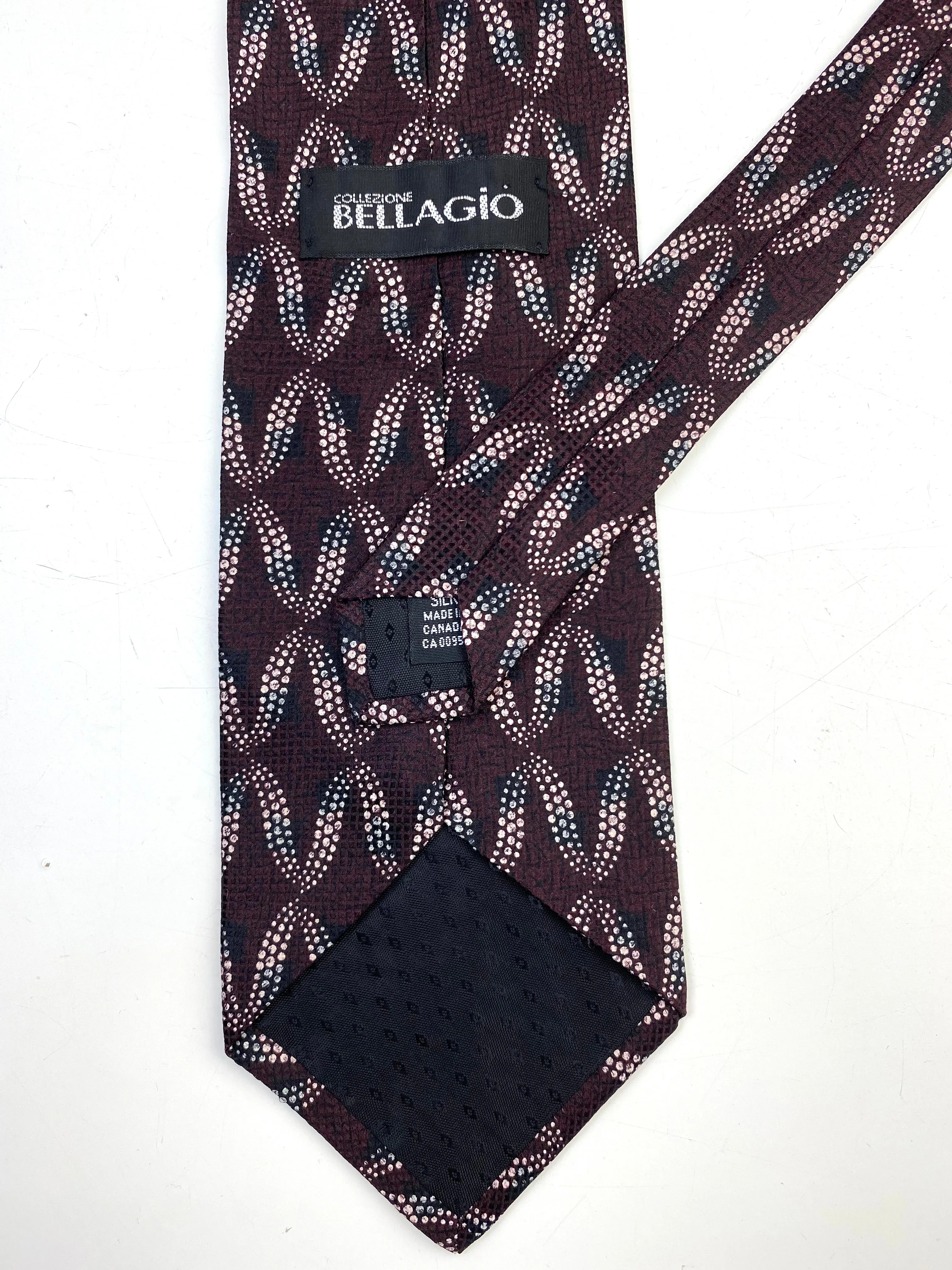 90s Deadstock Silk Necktie, Men's Burgundy Micro Dot Wave Pattern Tie, NOS