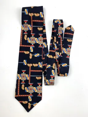 90s Deadstock Silk Necktie, Men's Vintage Black/ Red/ Blue Art Deco Pillar & Paisley Boteh Pattern Tie, NOS