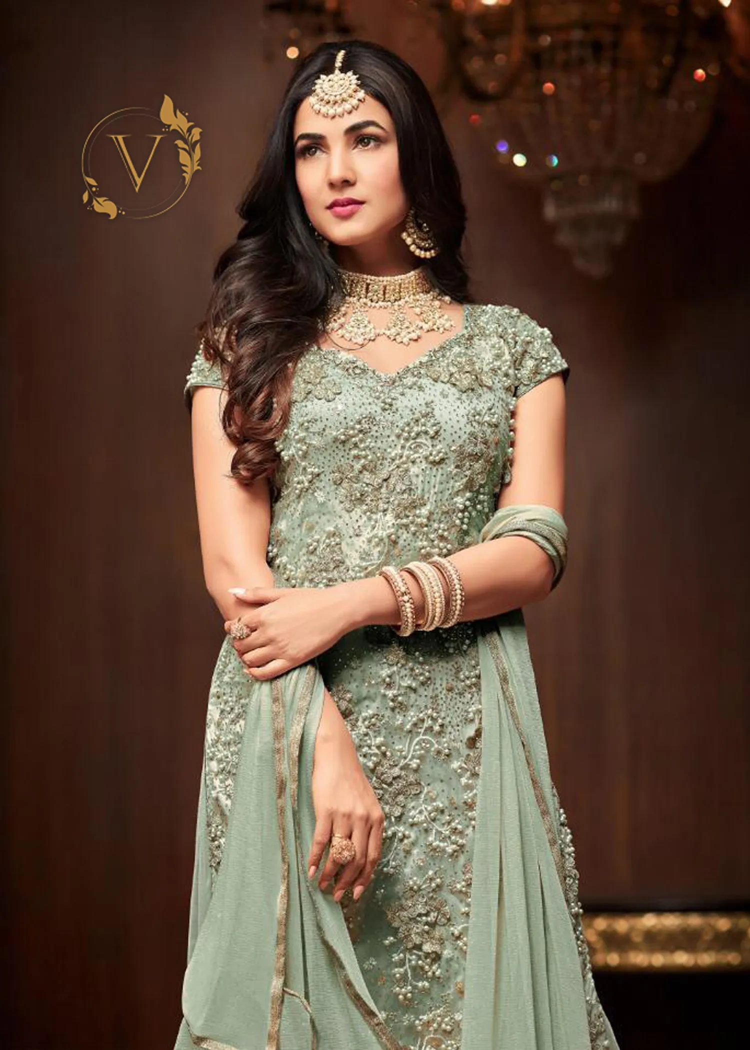 Designer Sage Green Palazzo Embroidered Suit