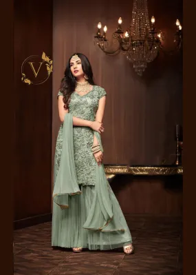 Designer Sage Green Palazzo Embroidered Suit